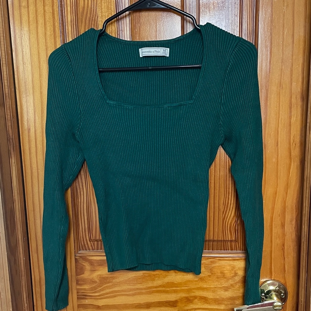 Abercrombie & Fitch Green Ribbed Square Neck Long Sleeve Top